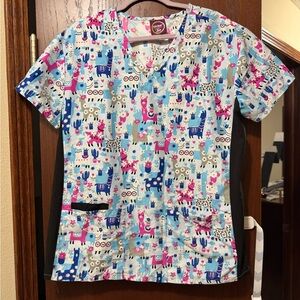 Women’s Llama Print Scrub Top - Blue and Pink